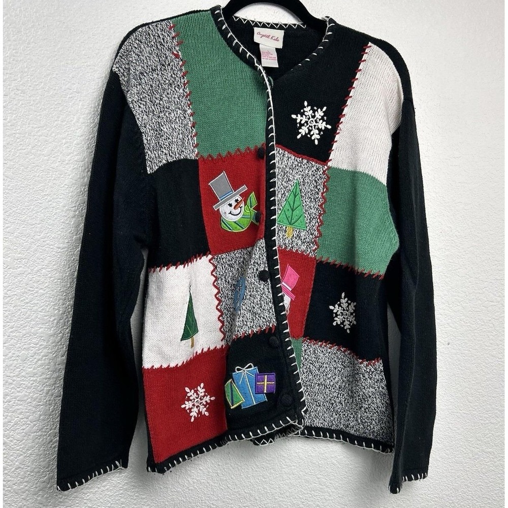 Crystal Kobe Patchwork Holiday Cardigan L Multicolor Snowman Wintercore Kitschy